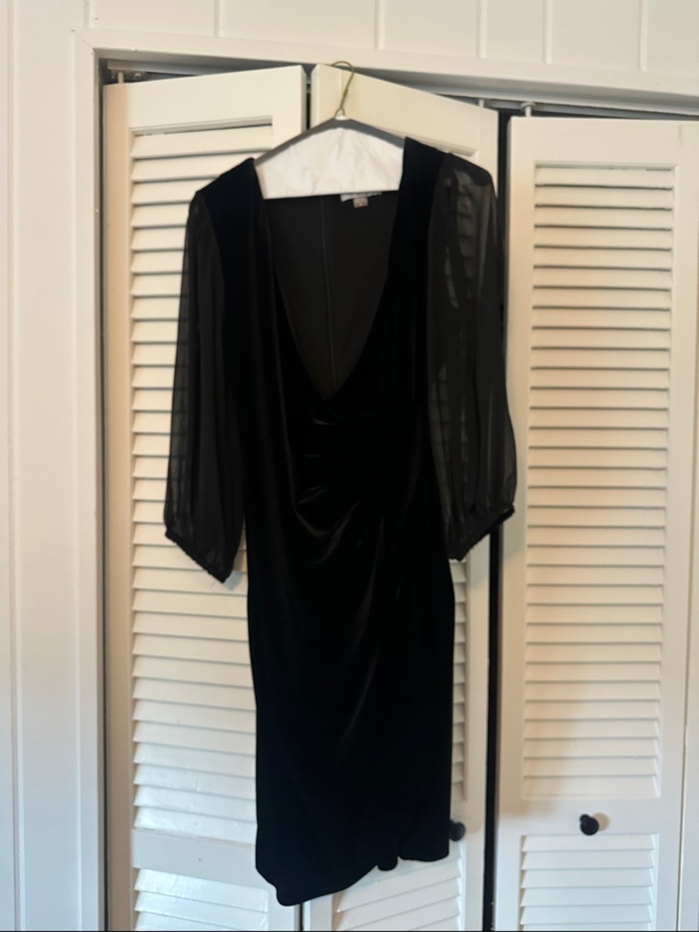 Black Velvet V-Neck Dress with Sheer Long Sleeves
